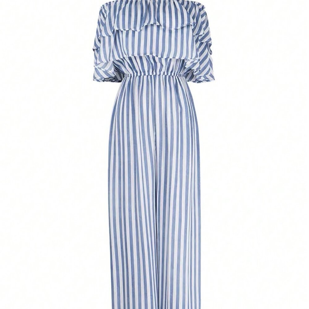 Blue and White Boho Women's Striped Strapless Wide Leg Jumpsuit With Ruffled - Picture 8 of 8